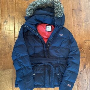 Hollister Navy Puffer Jacket with Faux Fur Hood